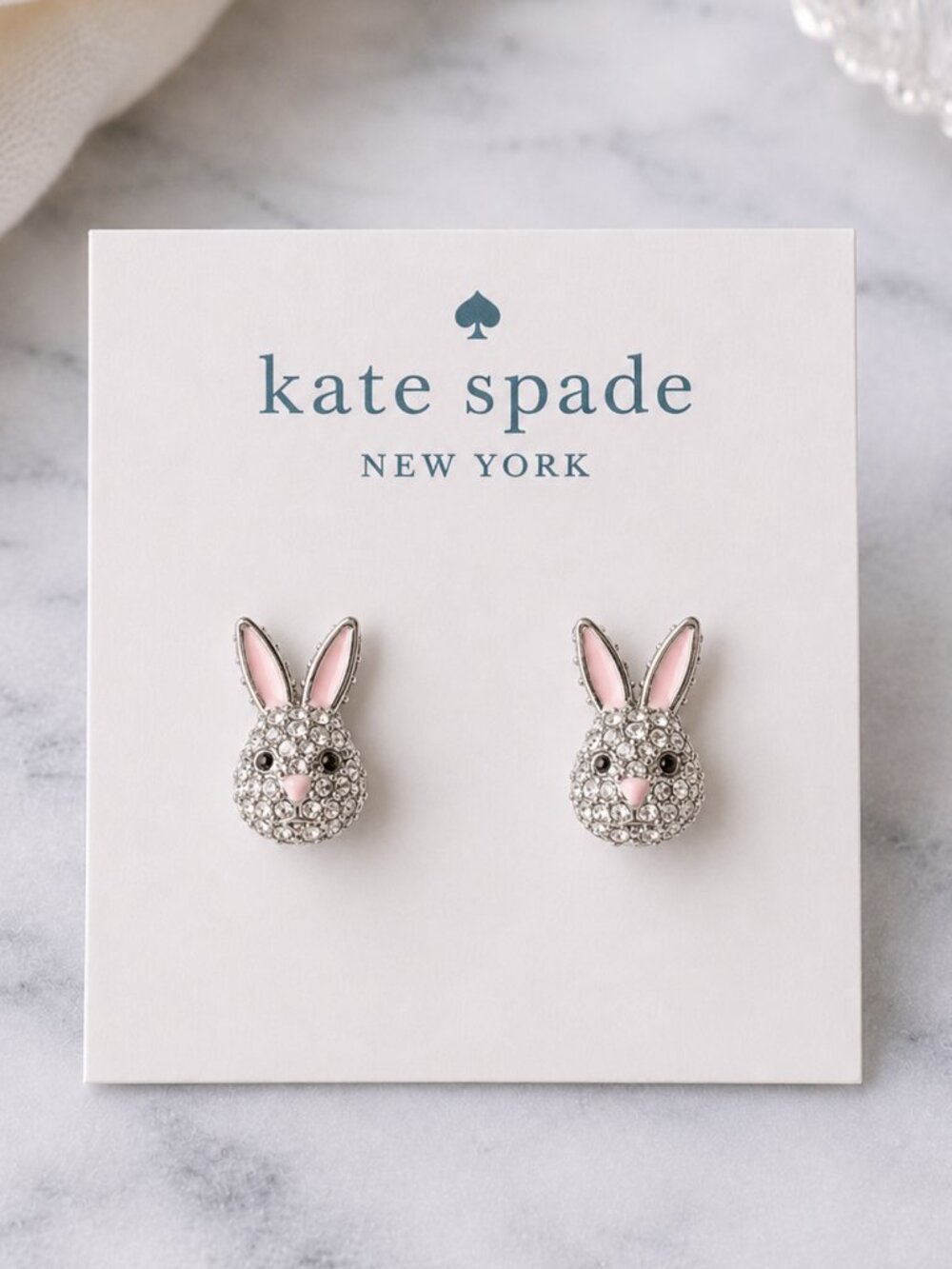 Kate Spade Crystal Bunny Stud Earrings Silver Tone Pink Rabbit Easter Jewelry